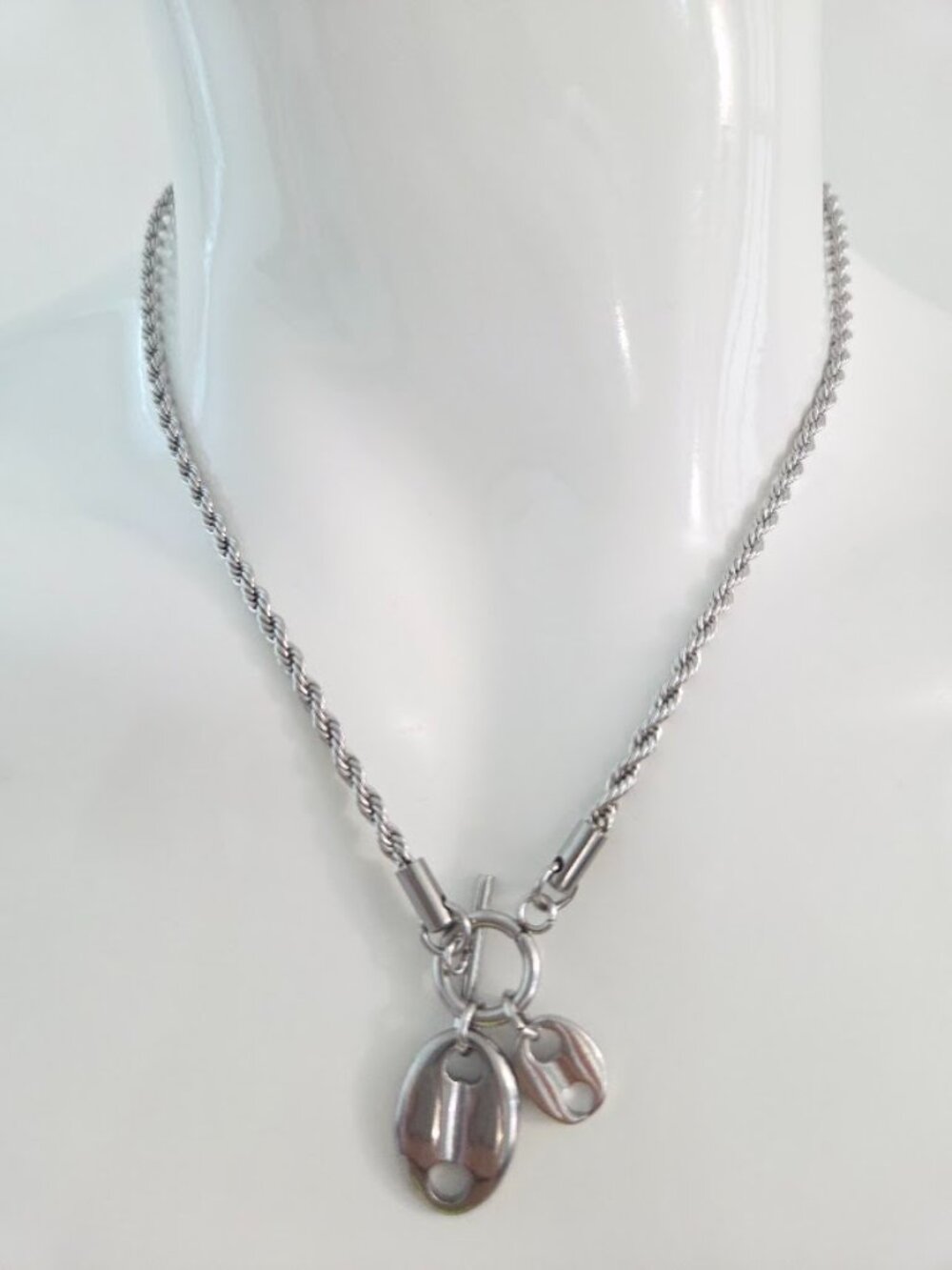 Stainless Steel Coffee Bean Charm T-Bar Necklace Minimalist Dainty Silver Chain